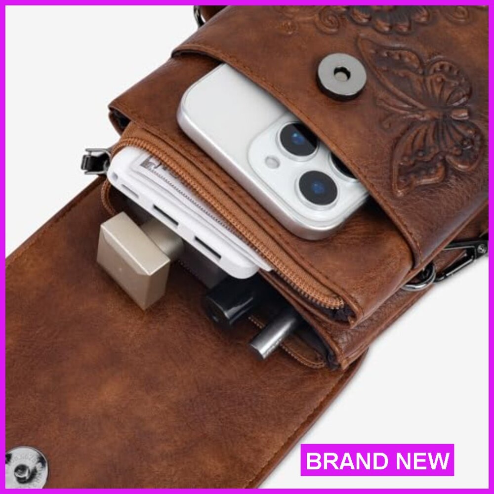 Trendy Vegan Leather Crossbody Bag Embossed Floral Design Phone Purse - Picture 4 of 7